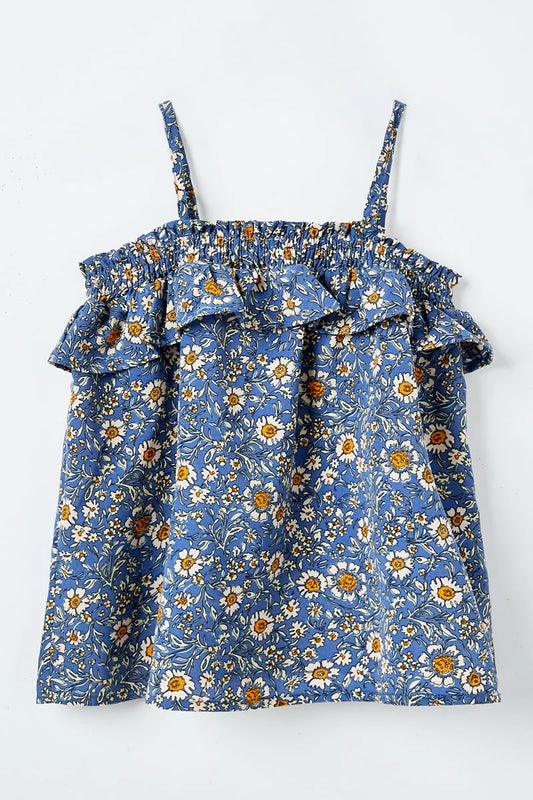 GIRLS SMOCKED FLORAL PRINT RUFFLE TOP - BLUE