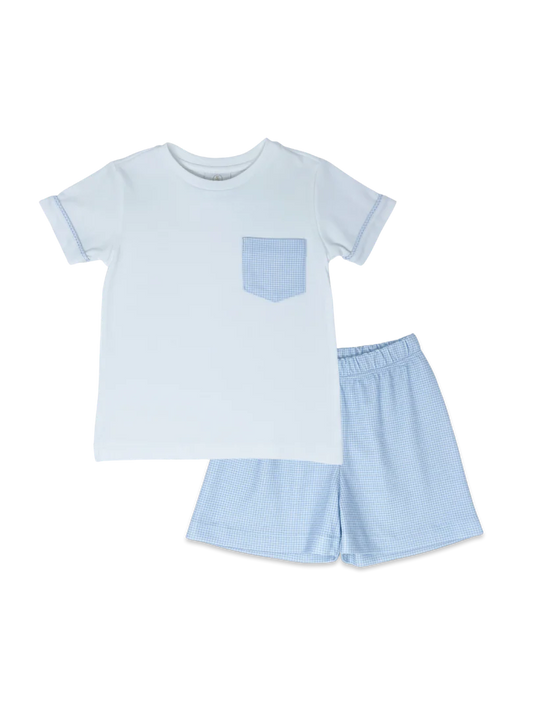 CHARLIE SHORT SET - WHITE/LIGHT BLUE MINI GINGHAM