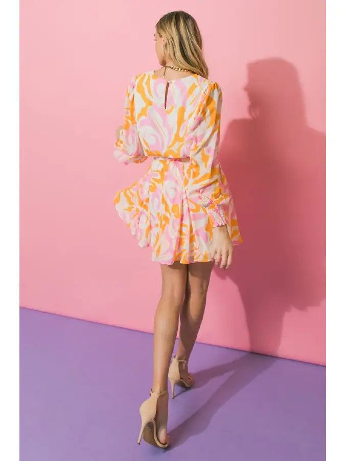 A PRINTED WOVEN MINI DRESS - IVORY YELLOW PINK