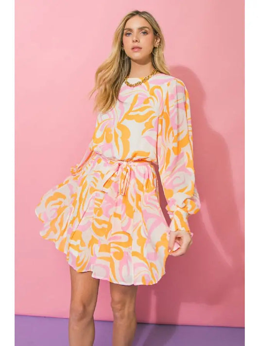 A PRINTED WOVEN MINI DRESS - IVORY YELLOW PINK