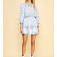 WATERCOLOR PRINT 3/4 SLV MINI DRESS - BLUE MULTI