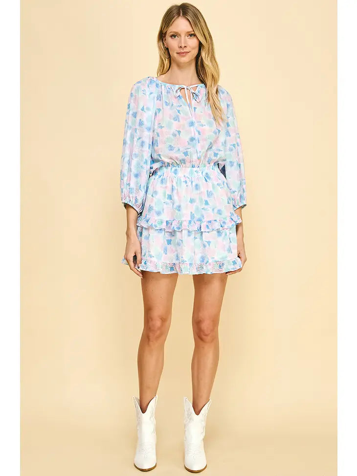 WATERCOLOR PRINT 3/4 SLV MINI DRESS - BLUE MULTI