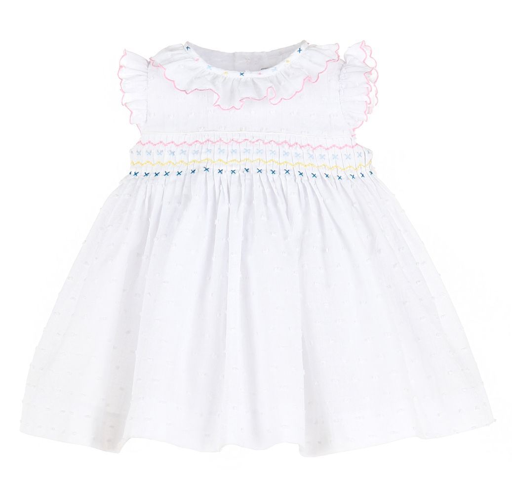 WHITE BLOOMY'S DOT PLEAT DRESS - SMOCKED IN RAINBOW COLORS