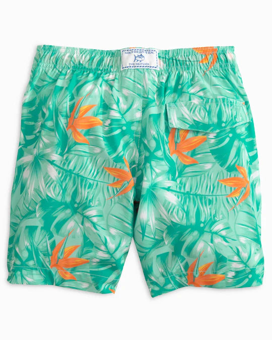 YOUTH MONSTERA PALM SWIM TRUNKS - BALTIC TEAL