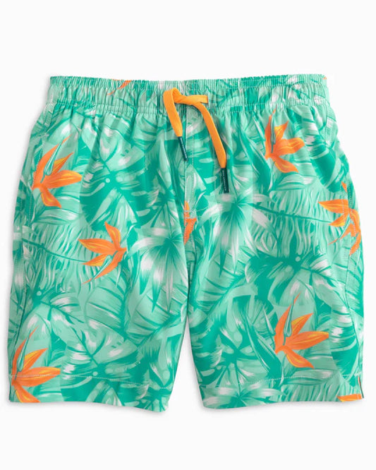 YOUTH MONSTERA PALM SWIM TRUNKS - BALTIC TEAL